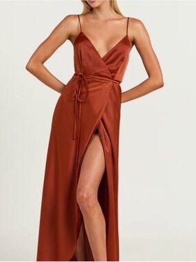 Showpo Rust Red Satin High-Low Slip Dress